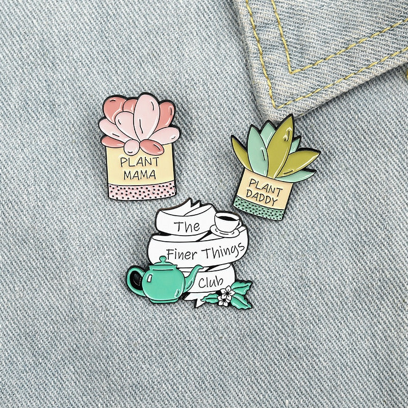 Plant Parent Lapel Pins Plant Mama Plant Daddy The Finer Things Club Brooches On Denim Jean Jacket