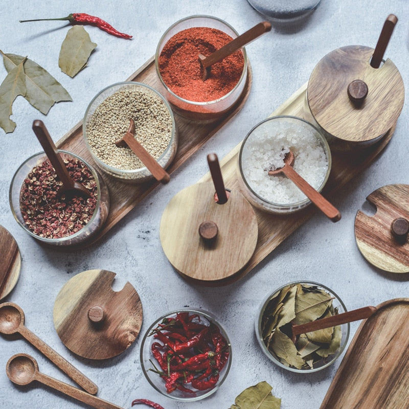 Acacia Wood & Glass Jar Set With Tray – Terra Powders