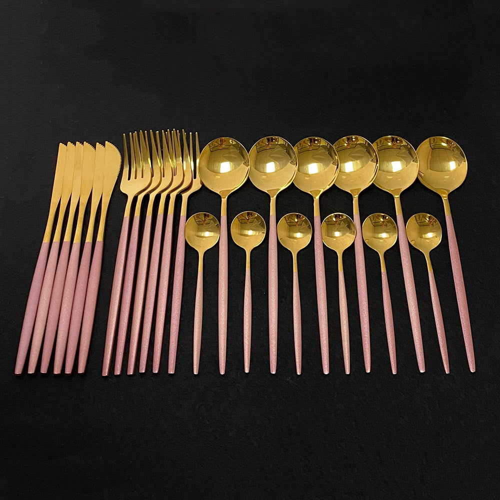 Modern 24 Piece Stainless Steel Gold Flatware Set With Colorful Pink Handles Silverware
