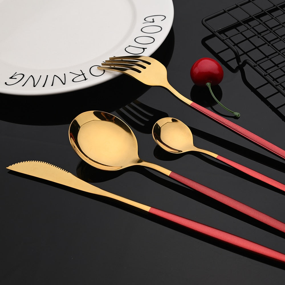 Modern Red And Gold Flatware Set With Forks Knives And Two Spoon Sizes Fashionable Silverware
