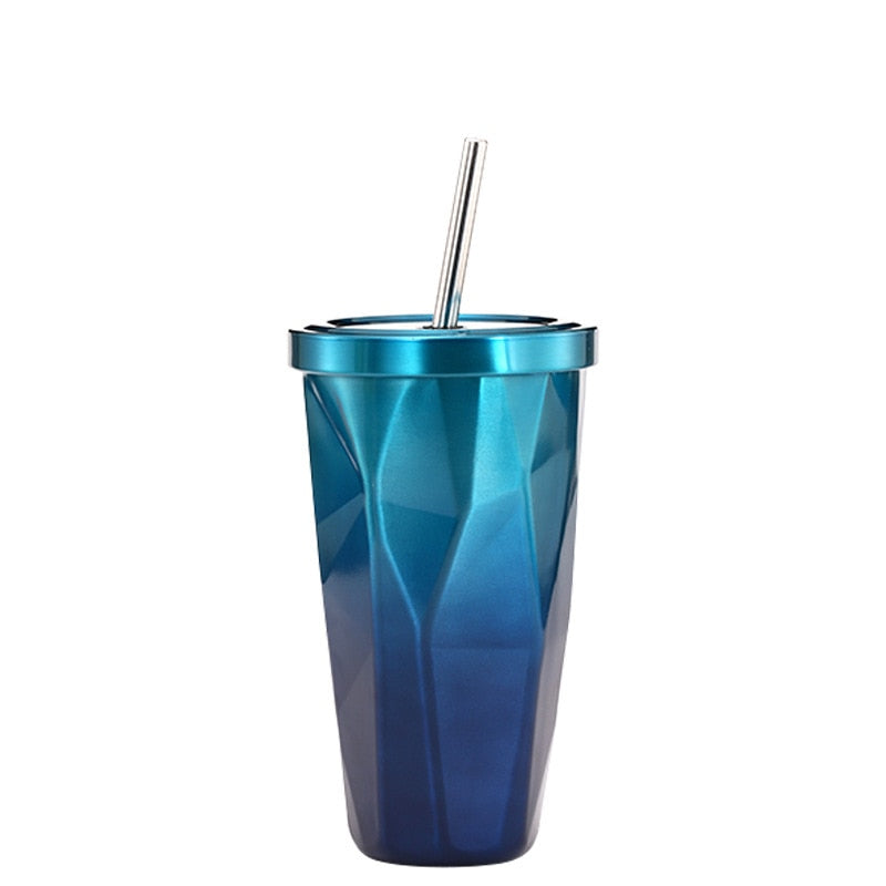 Ocean Blue Color Stainless Steel Prismatic Tumbler With Straw