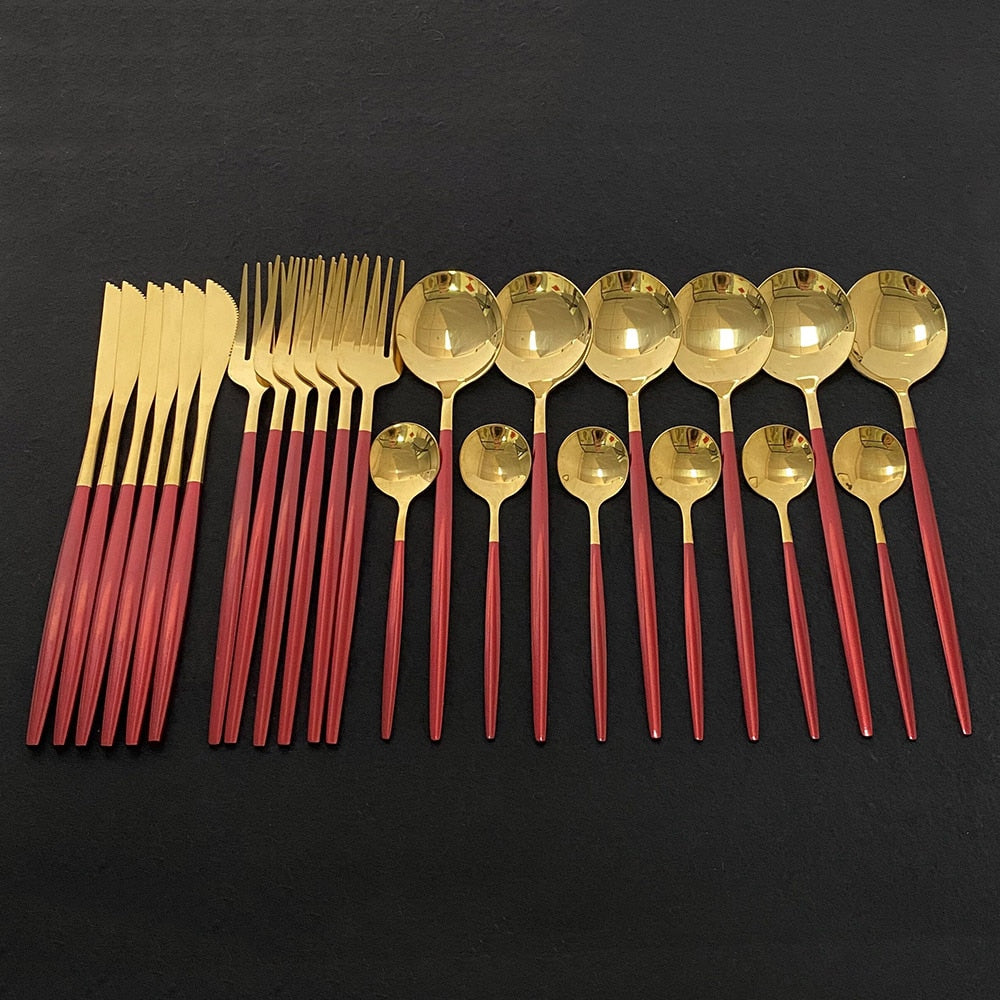 Modern 24 Piece Stainless Steel Gold Flatware Set With Colorful Red Handles Silverware