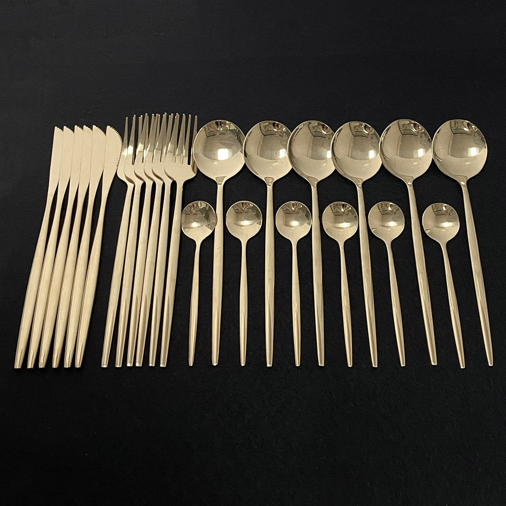Modern Silverware 24 Piece Stainless Steel Champagne Color Flatware Set
