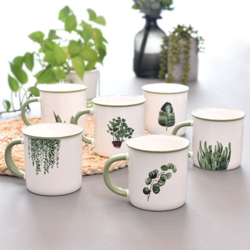 Watercolor Style Plants Green And White Ceramic Mugs For Natural Home Decor