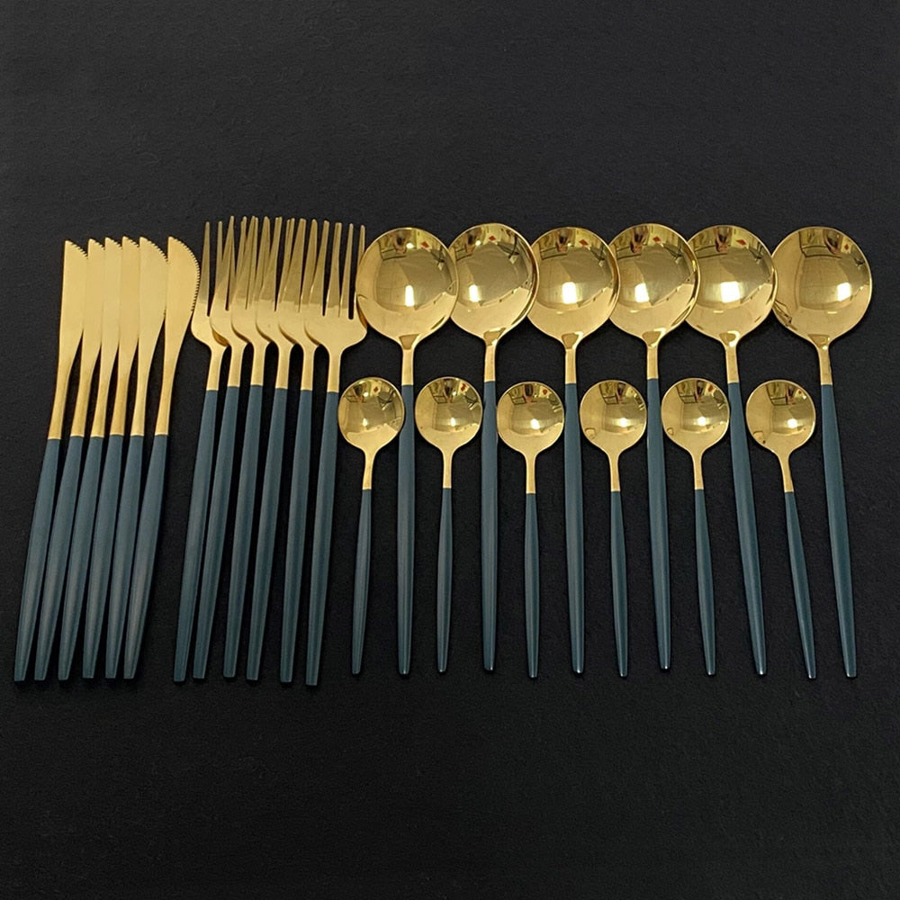 Modern 24 Piece Stainless Steel Gold Flatware Set With Colorful Green Handles Silverware