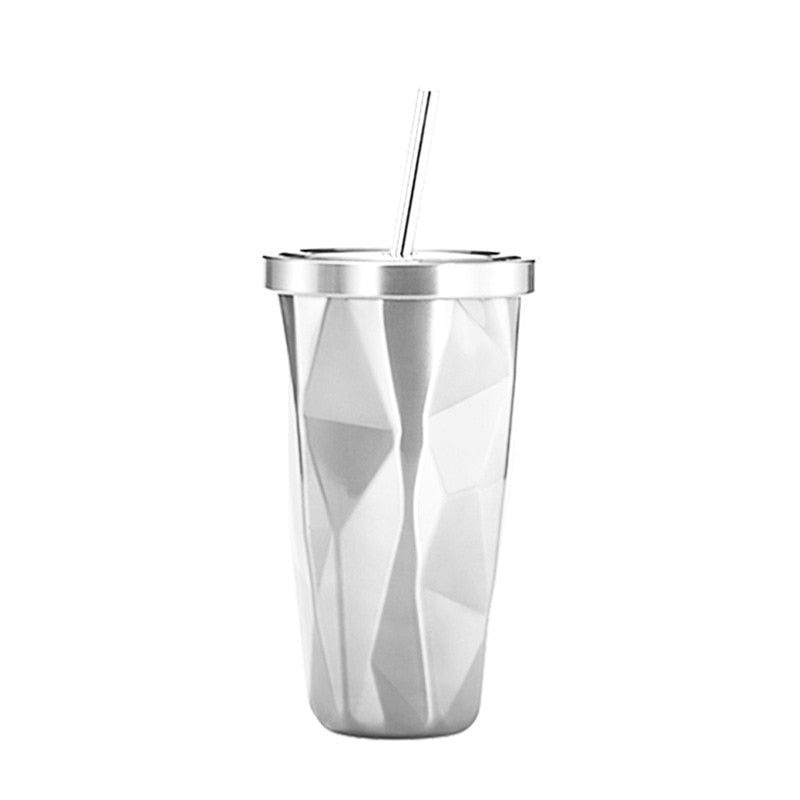 Silver Stainless Steel Prismatic Tumbler With Straw