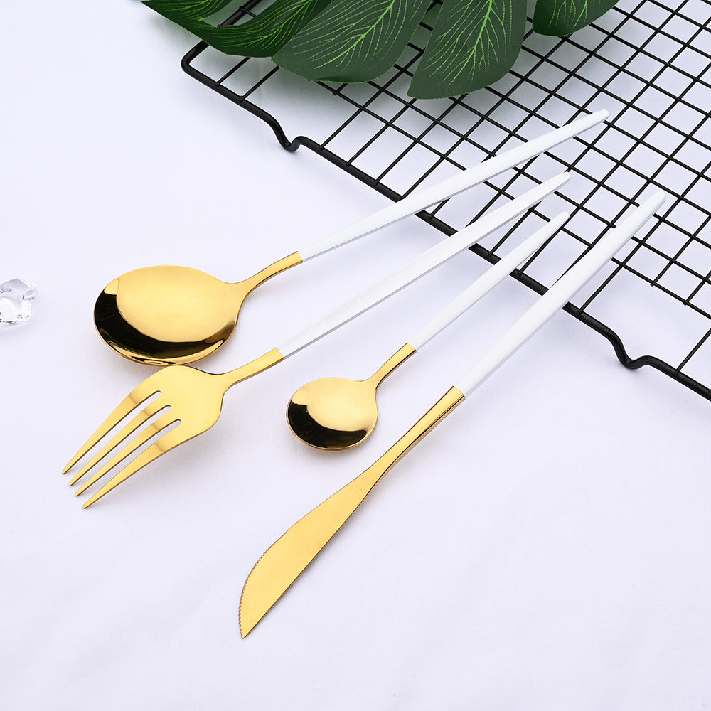 White Handled Gold Flatware Fork Knife Two Spoon Sizes Modern Silverware In Gold And White