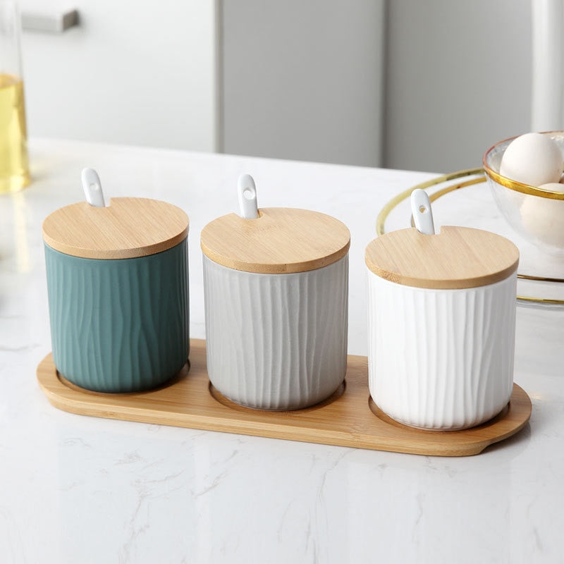 Organic Seaside Style Tabletop Ceramic Jars In 3 Different Colors With Spoons Bamboo Lids And Wood Tray