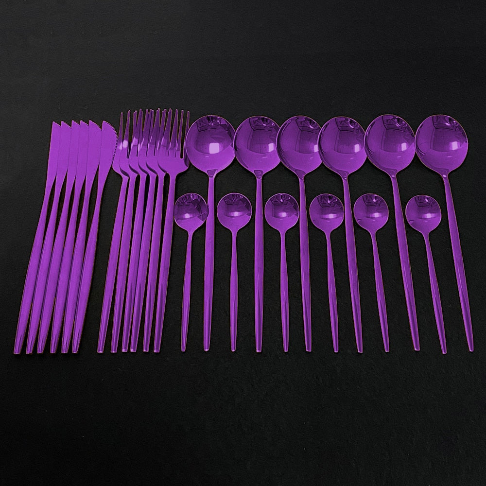 Modern Silverware 24 Piece Stainless Steel Purple Color Flatware Set