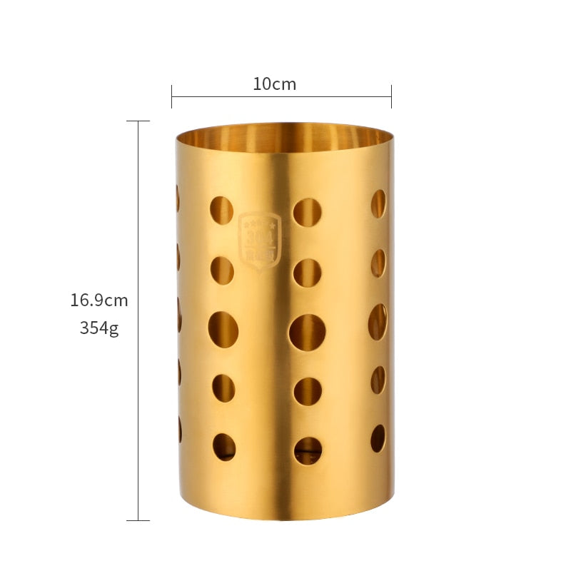Size Measurements Of Gold Food Grade Stainless Steel Metal Crock For Holding Kitchen Utensils And Cooking Tools