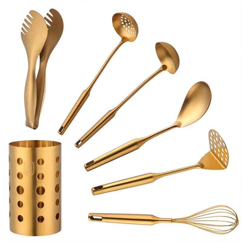 Marte Cooking Utensils Set with Holder,7 PC 304 Stainless Steel High-Grade Gold  Cooking Kitchen