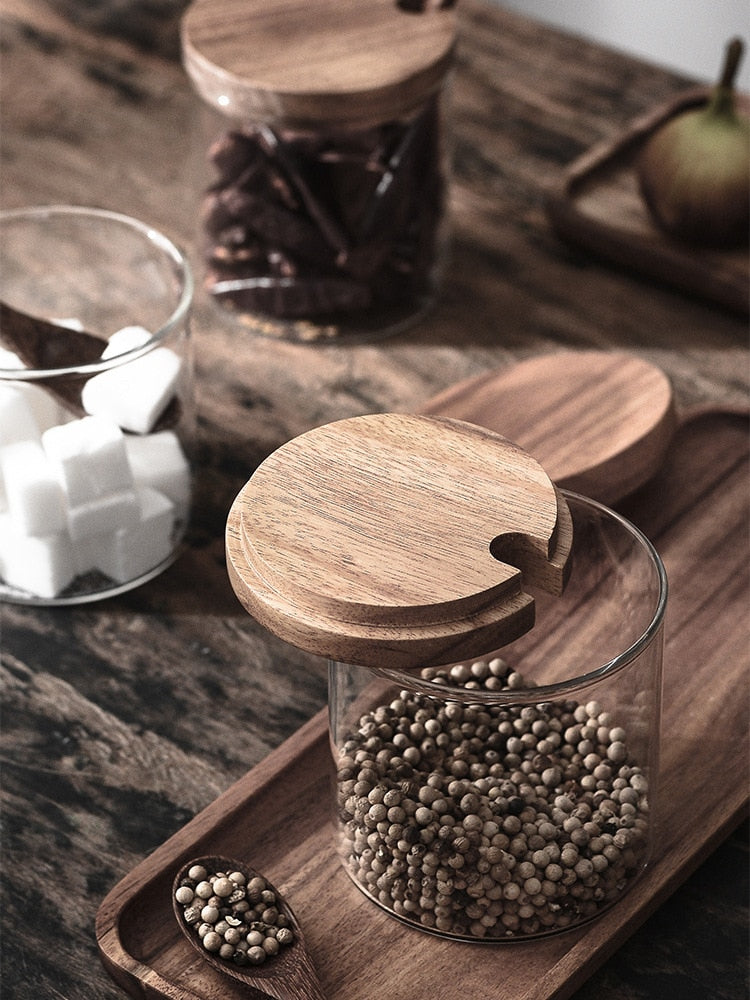 Peppercorns In Glass Spice Jar With Acacia Wood Lid And Tray