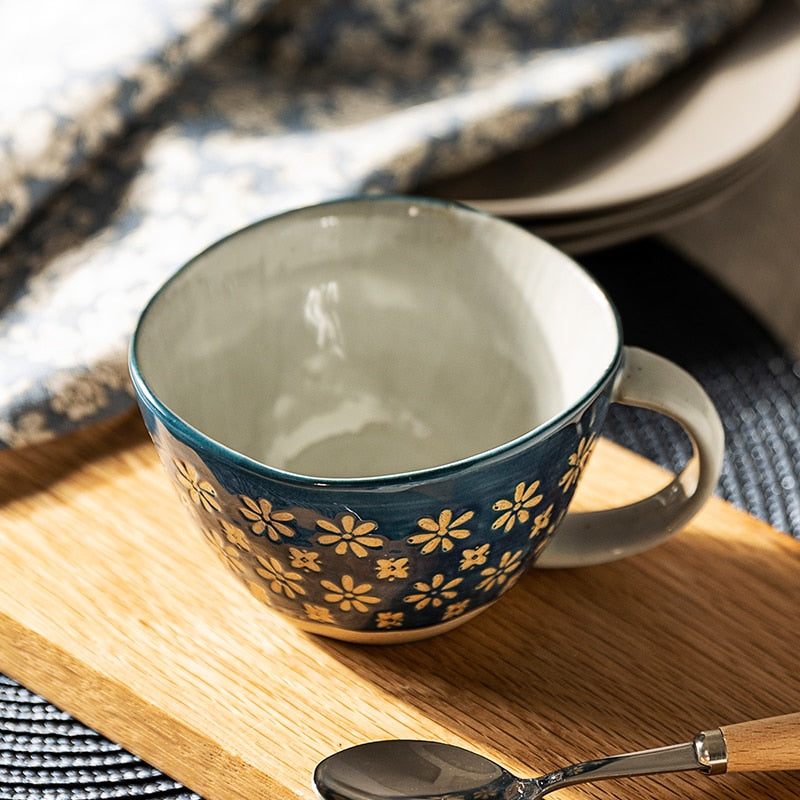 Bella Pattern Blue Ceramic Mug With Flower Print Irregular Shaped Farmhouse Style Cup