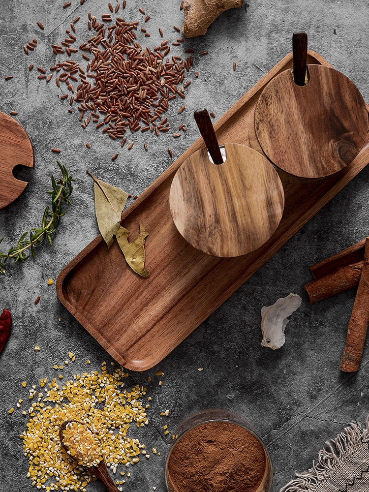 Beautiful Wooden Spice Jars For Kitchen Cooking Acacia Wood Tray Spoons And Lids With Glass Jars