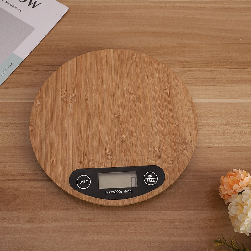Digital Display Bamboo Wood Round Kitchen Scale For Measuring Food And Ingredients