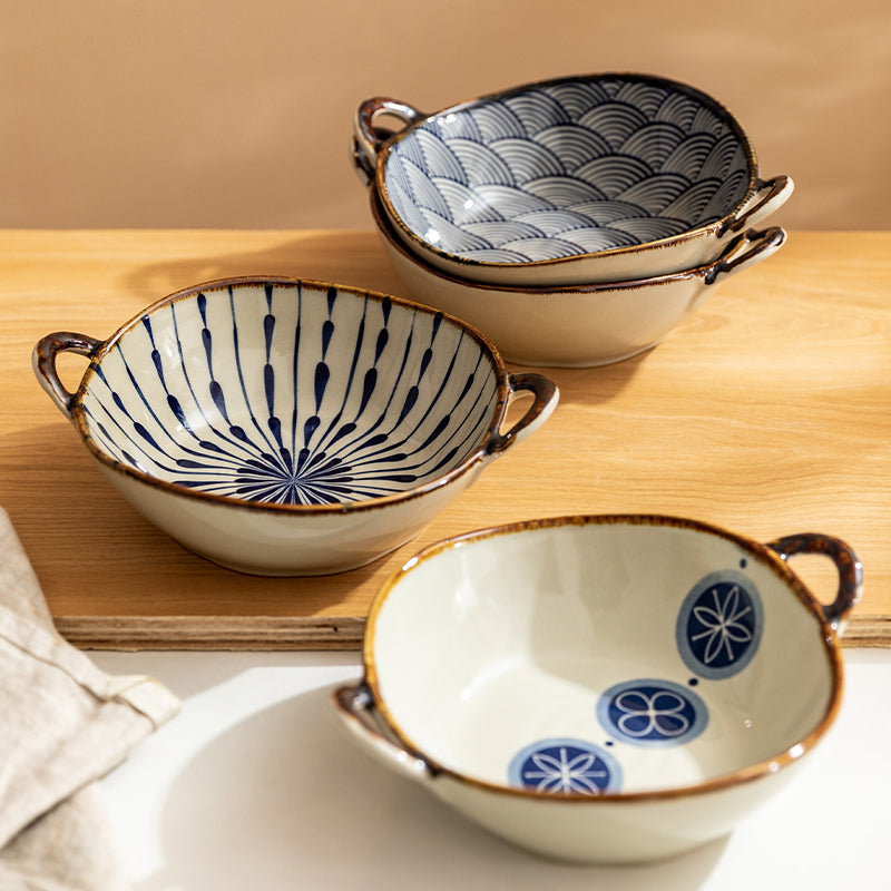 Dining Bowls With Handles Handmade Ceramic Irregular Shaped Dishware Blue And White Patterns