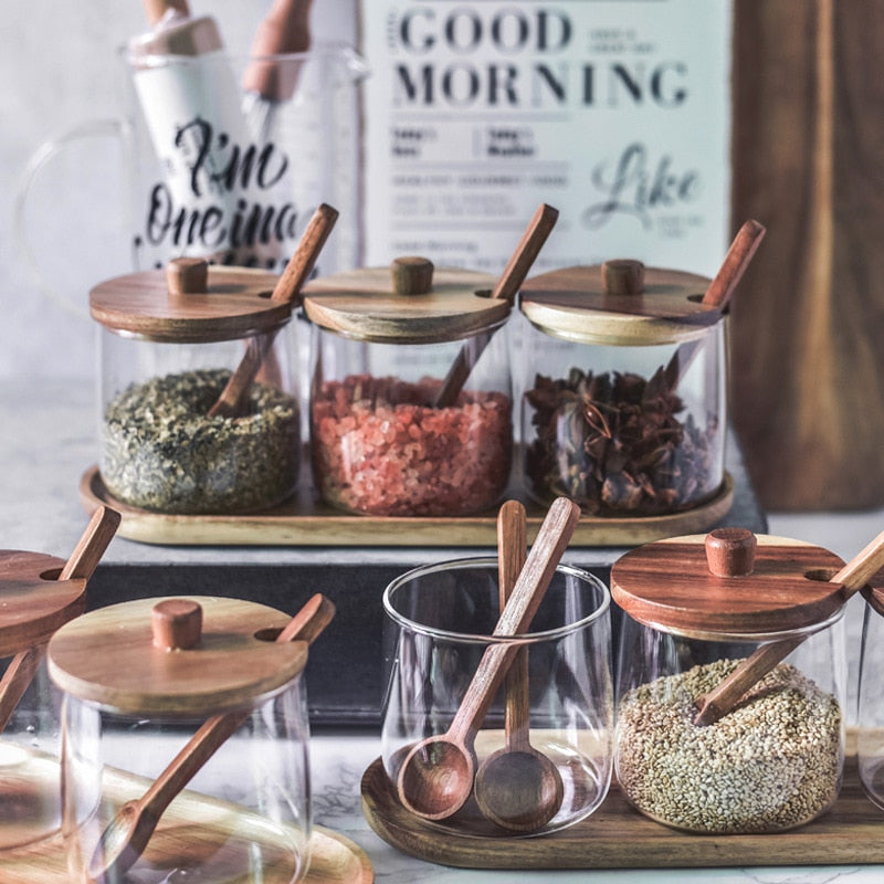 Acacia Wood & Glass Jar Set With Tray