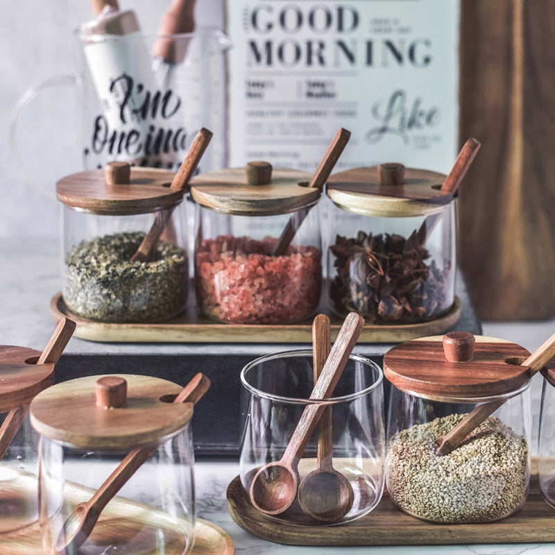 Kitchen Seasoning Jars With Lids And Spoons Glass Spice Jars With Acacia Lids Tray And Wooden Spoons