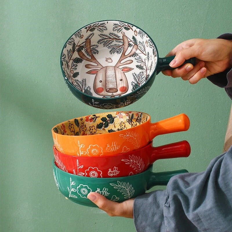 Holding Colorful Stack Of Ceramic Bowls With Handle Dishwasher And Oven Safe Pottery Dinnerware In Forest Friend Animal Prints