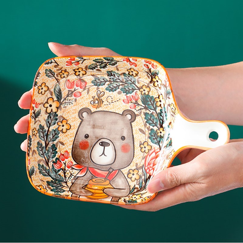 Holding Honey Bear Nordic Forest Friends Ceramic Pottery Baking Dish With Handle