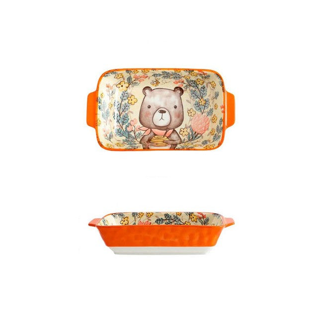 Adorable Nordic Forest Friends Honey Bear Ceramic Rectangle Baking Pan
