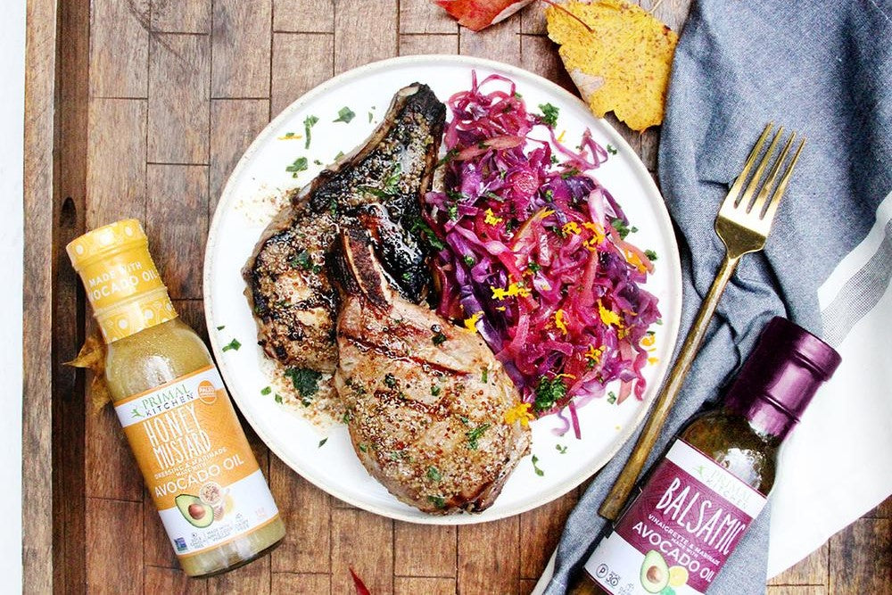 Honey Mustard Pork Chops And Balsamic Braised Cabbage Primal Kitchen Recipe