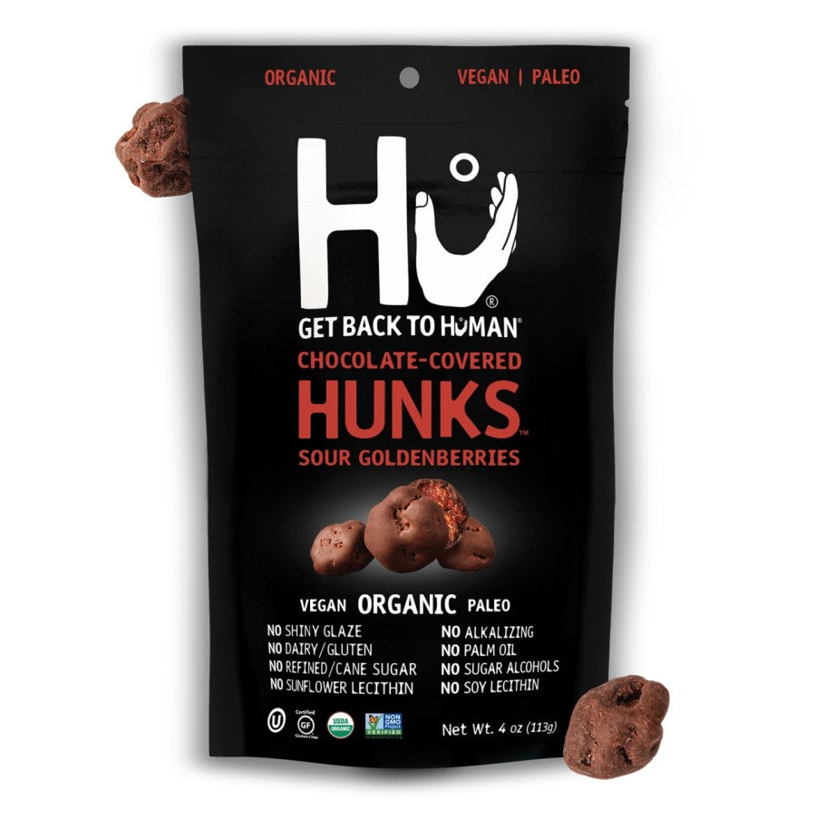 Hu Chocolate Covered Sour Golden Berry Hunks Four Ounce Bag
