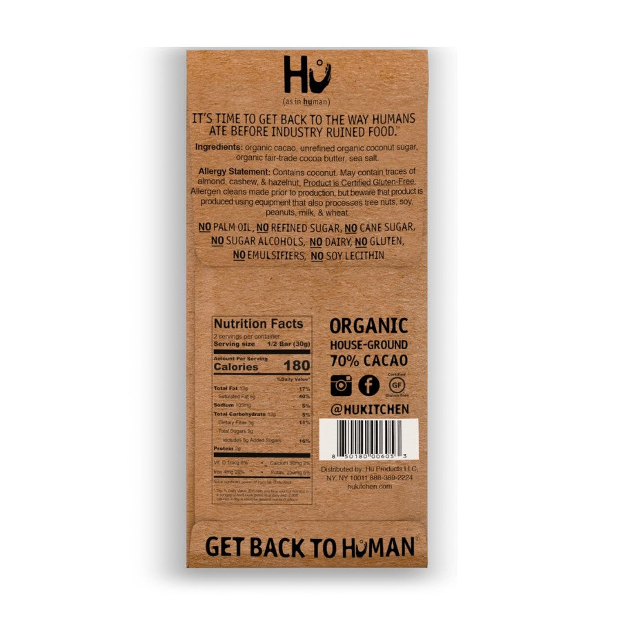 Hu House Ground 70 Percent Cacao Organic Salty Dark Chocolate Bar Back Of Package