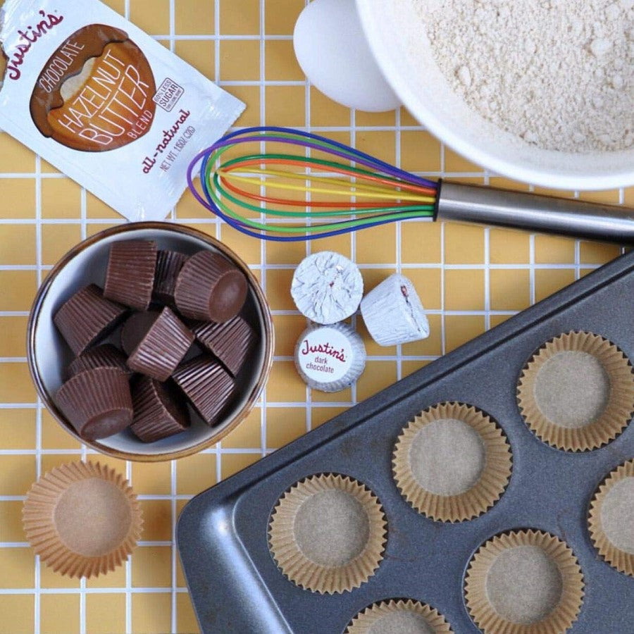 If You Care Baking Liners With Colorful Kitchen Whisk And Justin's Chocolate Nut Butters
