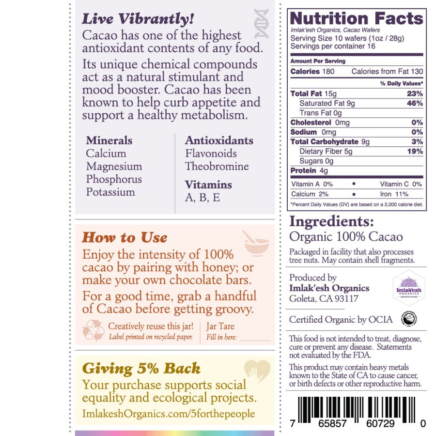 Imlakesh Organic Cacao Wafers Ingredients Nutrition Facts