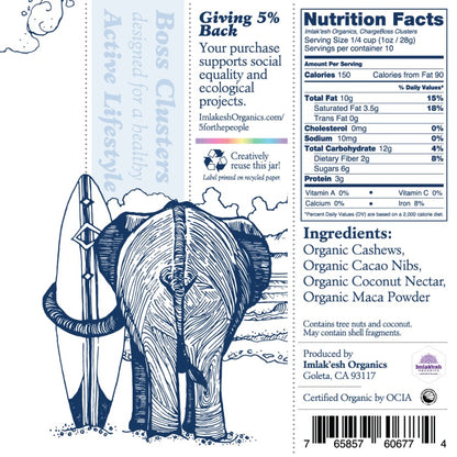 Imlakesh Organic ChargeBoss Clusters Ingredients Nutrition Facts Cashews Cacao Nibs Coconut Nectar Maca Powder