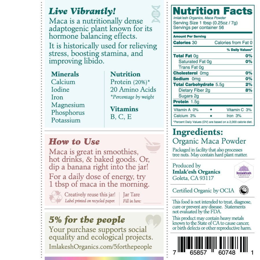 Imlakesh Organic Maca Powder Ingredients Nutrition Facts