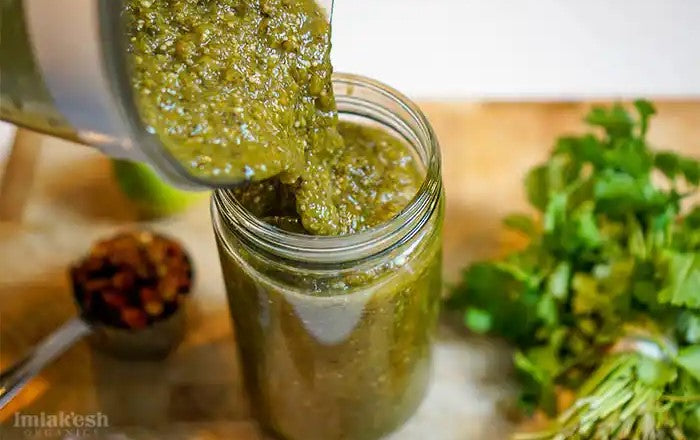 Jar Full Of Green Salsa Verde Made With Recipe From Imlak'esh Organics Using Golden Berries