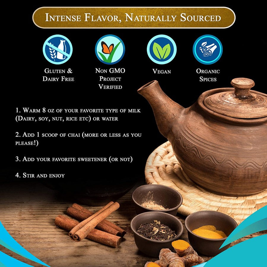 Blue Lotus Chai Intense Flavor Naturally Sourced Dairy Free Non-GMO Vegan Organic Spices Golden Masala Chai Tea Powder