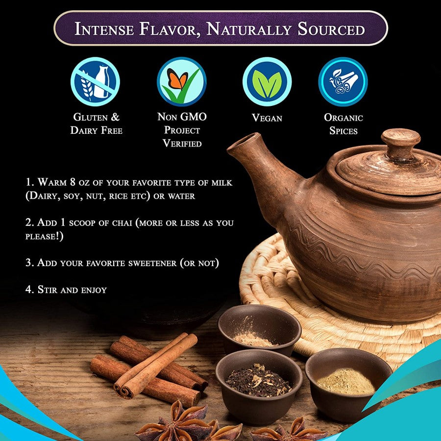 Blue Lotus Chai Intense Flavor Naturally Sourced Dairy Free Non-GMO Vegan Organic Spices Star Anise Masala Chai Tea Powder