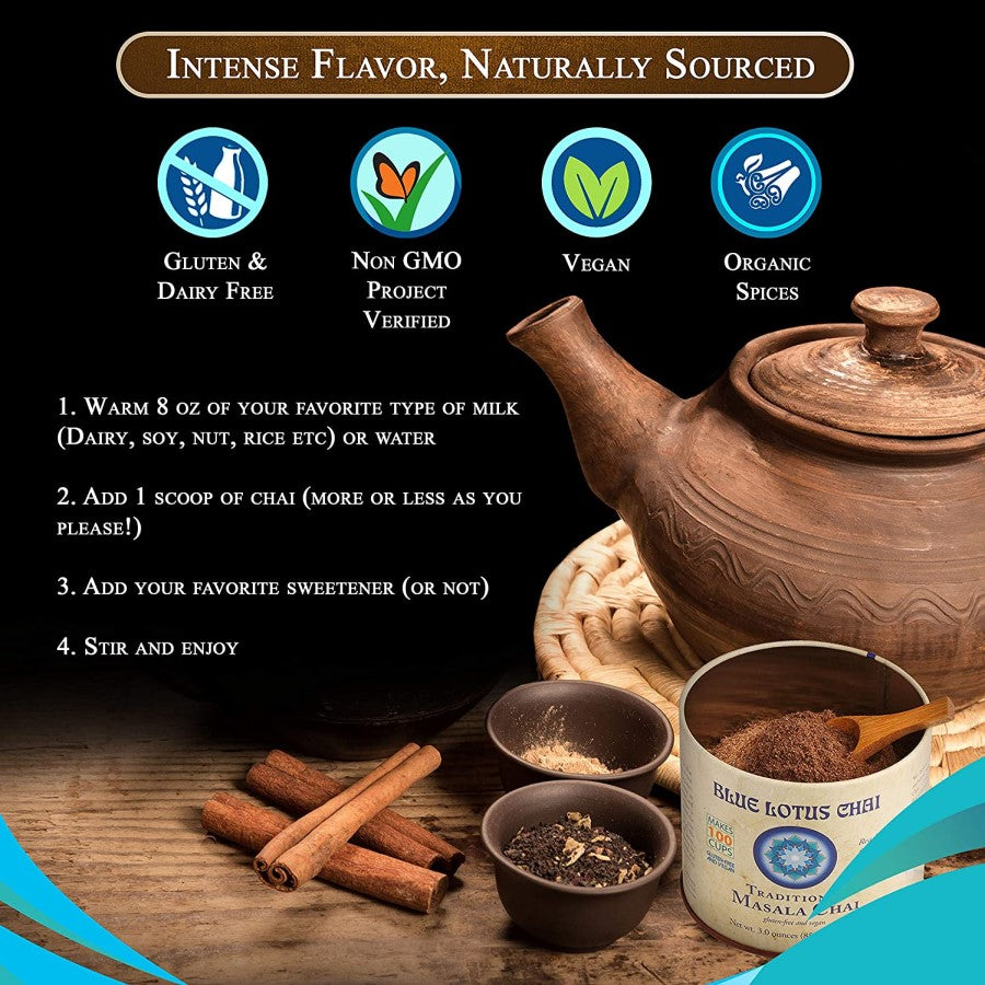 Blue Lotus Chai Intense Flavor Naturally Sourced Dairy Free Non-GMO Vegan Organic Spices Traditional Masala Chai Tea Powder