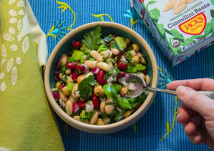 Eating Colorful Bean Salad Made With Jack's Quality Organic Cannellini Beans
