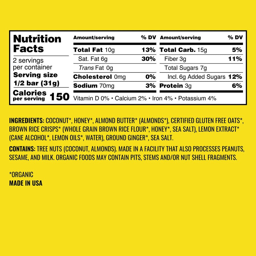 Organic Kate's Real Food Lemon Coconut Ingredients Snack Bar Nutrition Facts