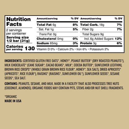 Organic Kate's Real Food Peanut Butter Milk Chocolate Ingredients Snack Bar Nutrition Facts