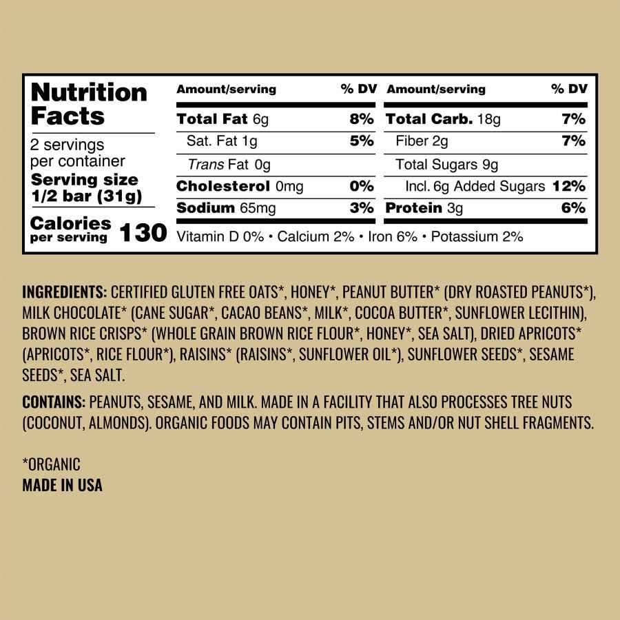 Organic Kate's Real Food Peanut Butter Milk Chocolate Ingredients Snack Bar Nutrition Facts