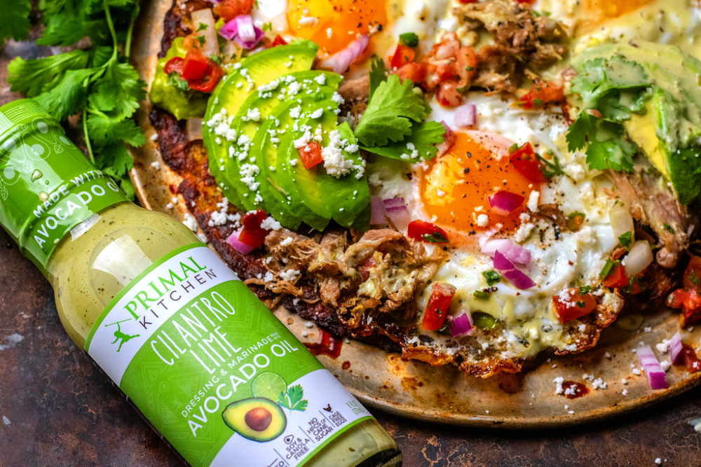 Keto Breakfast Tostada With Cilantro Lime Avocado Sauce Primal Kitchen Recipe