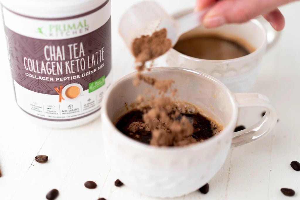 Coffee Beans And Mugs For Making Keto Dirty Chai Latte With No Dairy Adding Scoop Of Collagen Peptide Powder Recipe Primal Kitchen