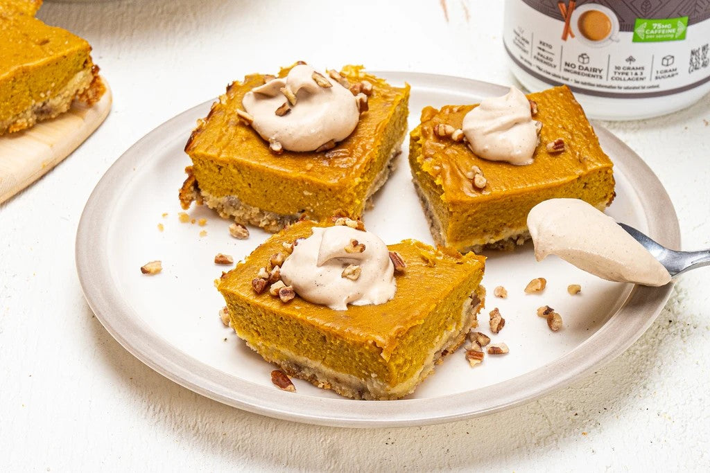 Keto Pumpkin Pie Bars With Nuts And Whipped Cream No Dairy Chai Tea Collagen Latte Powder Recipe Primal Kitchen