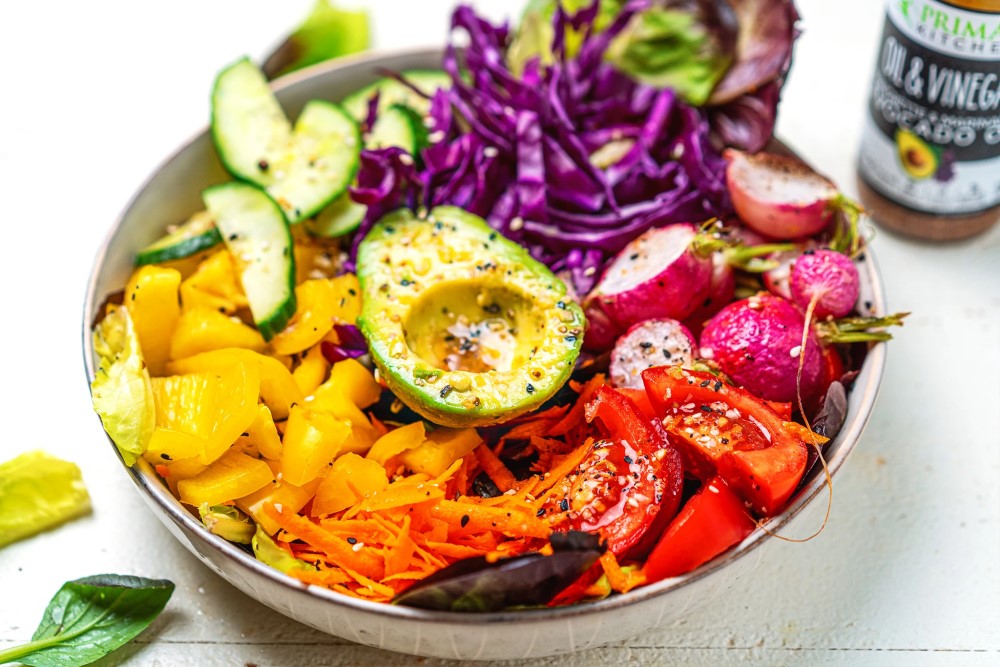 Colorful Keto Vegan Rainbow Salad Topped With Avocado Oil And Red Wine Vinegar Salad Dressing Vinaigrette Marinade From Primal Kitchen