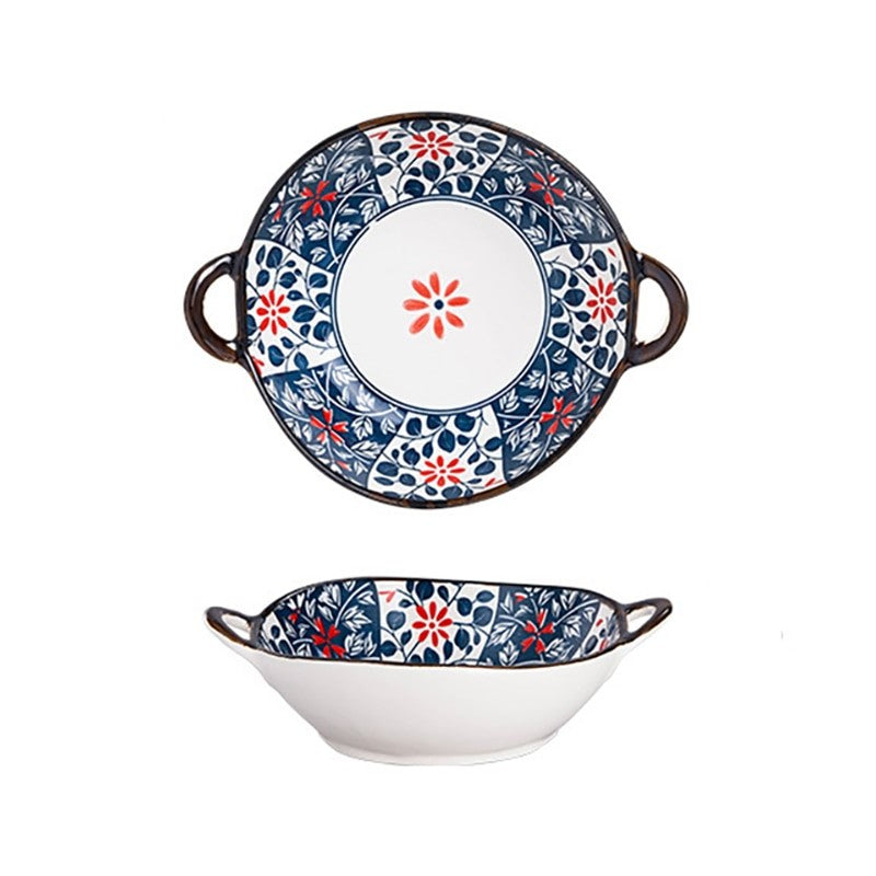 Farmhouse Decorative Bowl Irregular Shaped Ceramic Dish With Handles Oriental Style Kiku