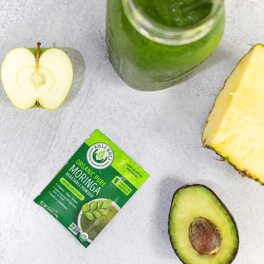 Kuli Kuli Moringa Vegetable Powder Packet With Green Superfood Smoothie Apple Avocado Pineapple