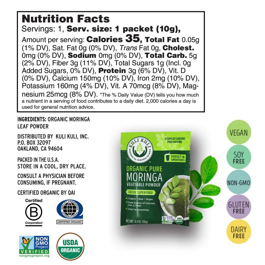 Kuli Kuli Single Serving Size Packet Organic Moringa Vegetable Powder Single Ingredient Nutrition Facts