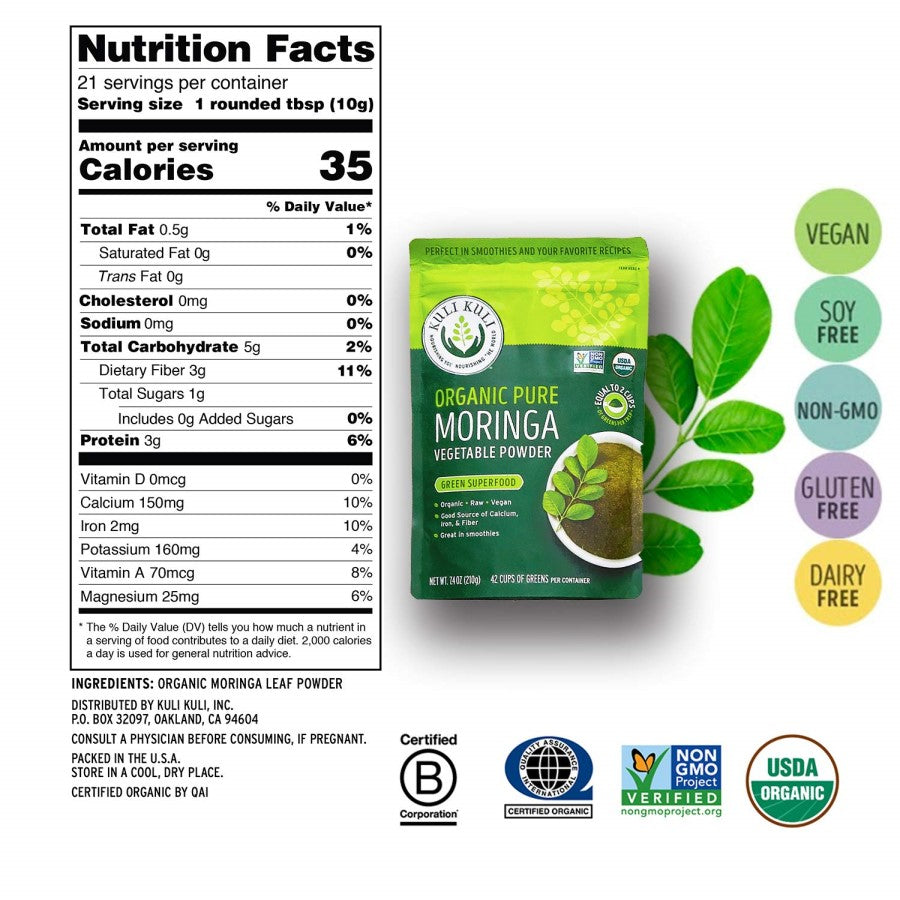 Kuli Kuli 7.4 Ounce Bag Organic Moringa Vegetable Powder Single Ingredient Nutrition Facts