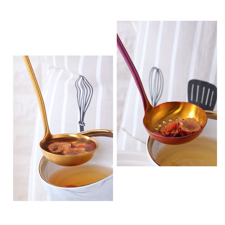 Soup Ladle And Straining Ladles Are Part Of The Stainless Steel Seven Piece Kitchen Utensils Set Of Cooking Tools