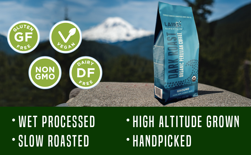 Laird Dark Roast Organic Peruvian Coffee is non-GMO, gluten free, vegan, and high quality.